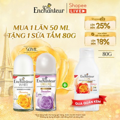 [LIVE][TẶNG SỮA TẮM 80G] Lăn Khử Mùi Dưỡng Trắng Da / Hương Nước Hoa Enchanteur White / Deluxe 50ml (quà mùi ngẫu nhiên)