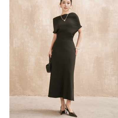 Đầm đen SIXDO phối vạt vai (Black Woven Flared Dress)