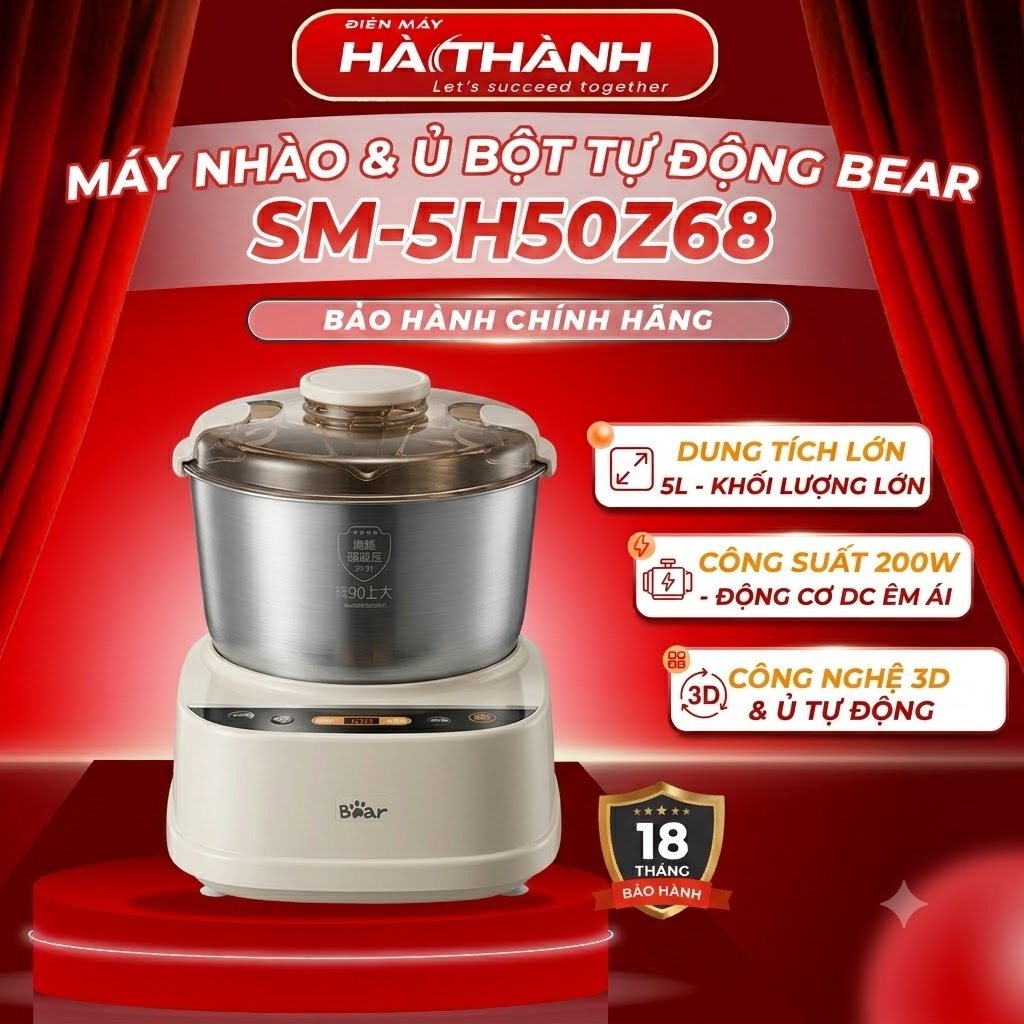Máy Trộn Bột Bear SM-5H50Z68, Dung Tích 5Lít - Công Suất 180W, Nhồi Và Ủ Tự Động, Bảo Hành 18 Tháng