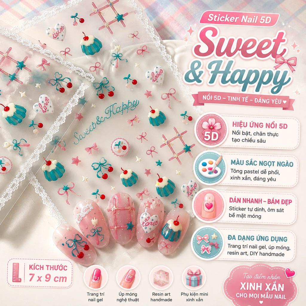 MAGICAL NAIL-✨Sticker nail 5D Sweet & Happy – Sticker nổi 5D bánh kem, cherry, nơ pastel trang trí m