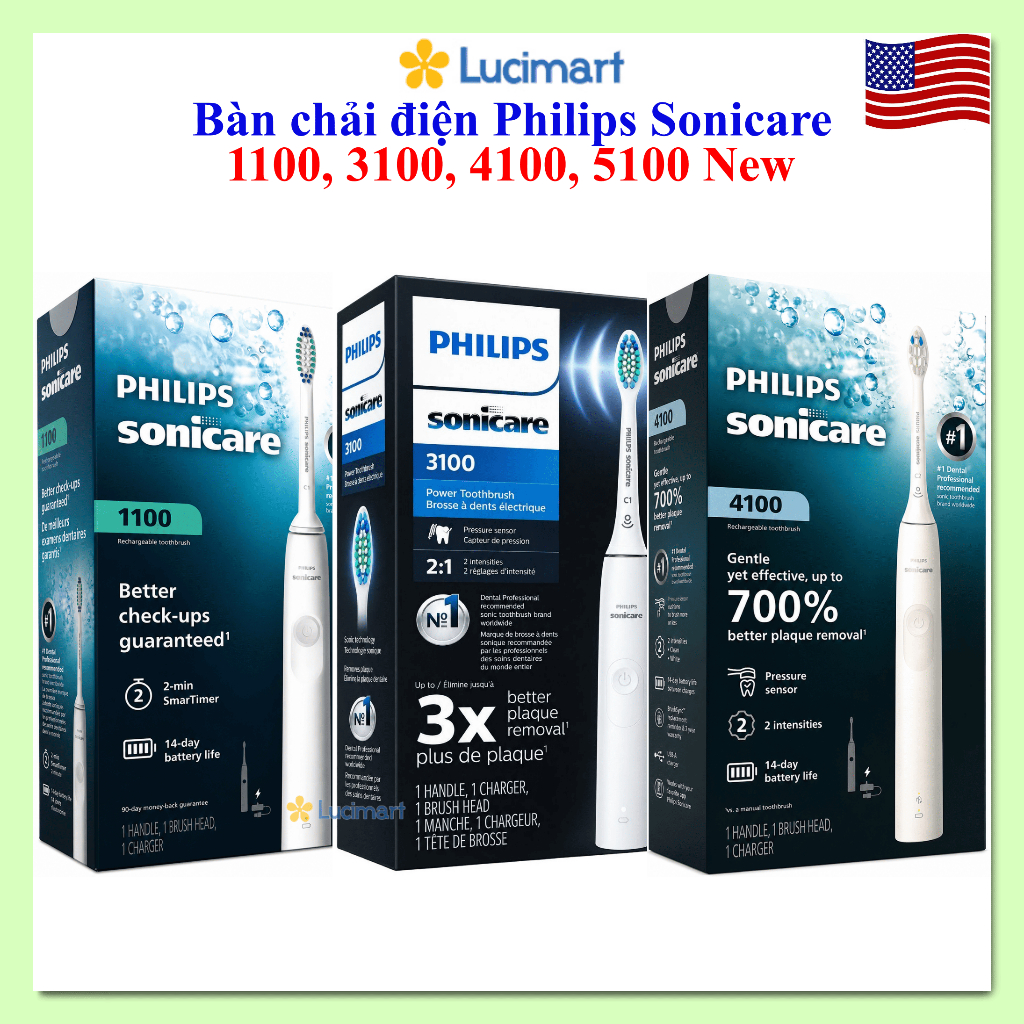 Bàn chải điện Philips Sonicare 4100, 5100, 6100, 7300, 7500, Professional Clean, Optimal Clean, Adva
