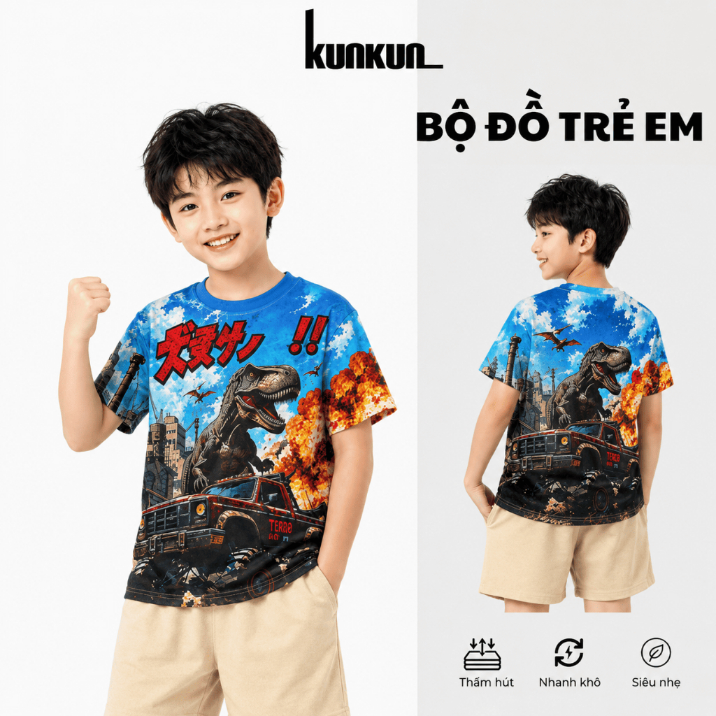 Áo Thun Bé Trai Khủng Long 3D In Tràn Thân, Áo Cộc Tay Cotton Thoáng Mát, Mềm Nhẹ Hình Khủng Long Ch