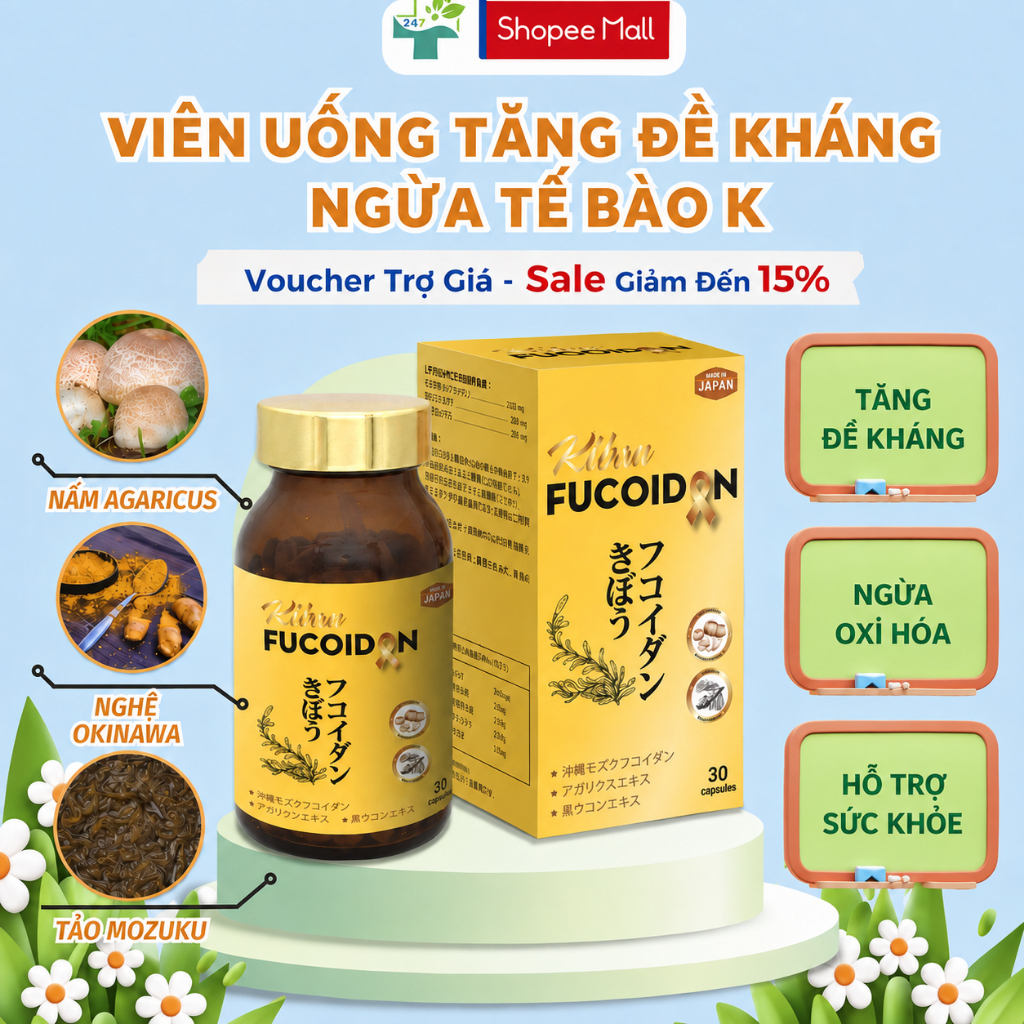 Viên Uống Kibou Fucoidan Hỗ Trợ Ngăn Ngừa Tế Bào K Tăng Cường Sức Khỏe, Giảm Mệt Mỏi