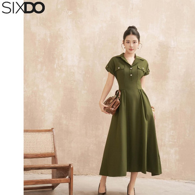 Đầm xanh cổ V dáng xòe SIXDO (Dark Olive Green Woven Flared Dress)