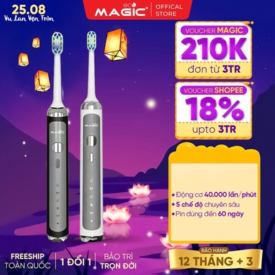 BÀN CHẢI ĐIỆN MAGIC ECO PRO-52 CHÍNH HÃNG - ĐỘNG CƠ TỪ TRƯỜNG 40.000 LẦN/PHÚT, 5 CHẾ ĐỘ CHĂM SÓC RĂNG MIỆNG, PIN DÙNG ĐẾ