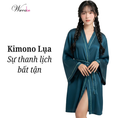 Áo choàng ngủ WANNABE áo khoác ngủ lụa phối nẹp tay cổ đơn giản thanh lịch mang lại vẻ trẻ trung
