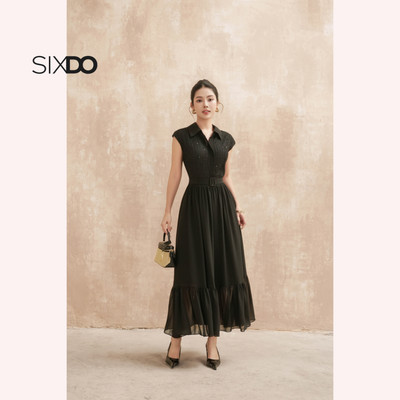 Đầm chiffon đen sát nách cổ đức SIXDO (Black Chiffon Flared Dress)