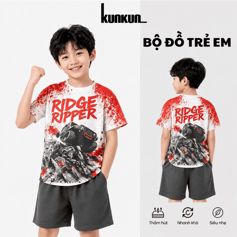 Áo Thun Bé Trai Xe Địa Hình 3D, Áo Cộc Tay In Hình Offroad Cá Tính, Vải Thoáng Mát Cho Bé - KunKun K