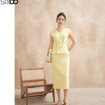 Đầm bút chì vàng SIXDO (Yellow Woven Pencil Dress)