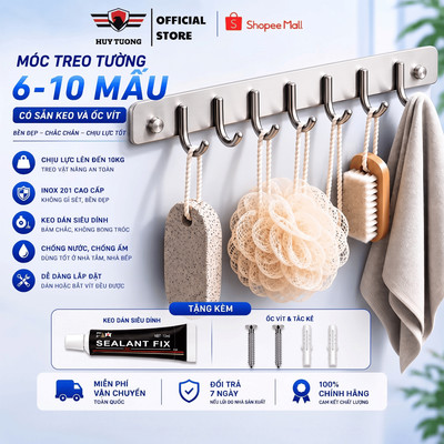 Móc treo tường tặng kèm ốc vít và keo dán, móc treo quần áo inox gắn tường treo quần áo 6 đến 10 mấu