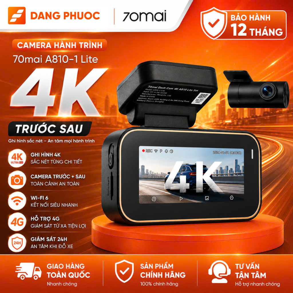 Camera hành trình TRƯỚC SAU 70mai A810-1 Lite 4K, Màn hình IPS 3.18 inch