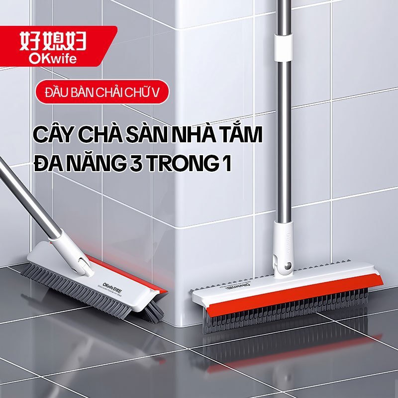 Cây Chà Sàn Nhà Tắm OKwife AGW-3458, Chổi Cọ Sàn Và Gạt Nước Đa Năng 3 Trong 1, Cán Dài 123CM