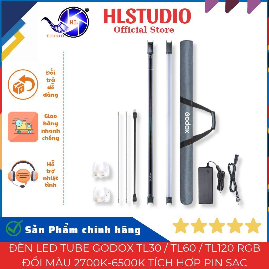 Đèn Led Tube Godox TL30 / TL60 / TL120 RGB Đổi Màu 2700K-6500K Tích Hợp Pin Sạc HL Studio
