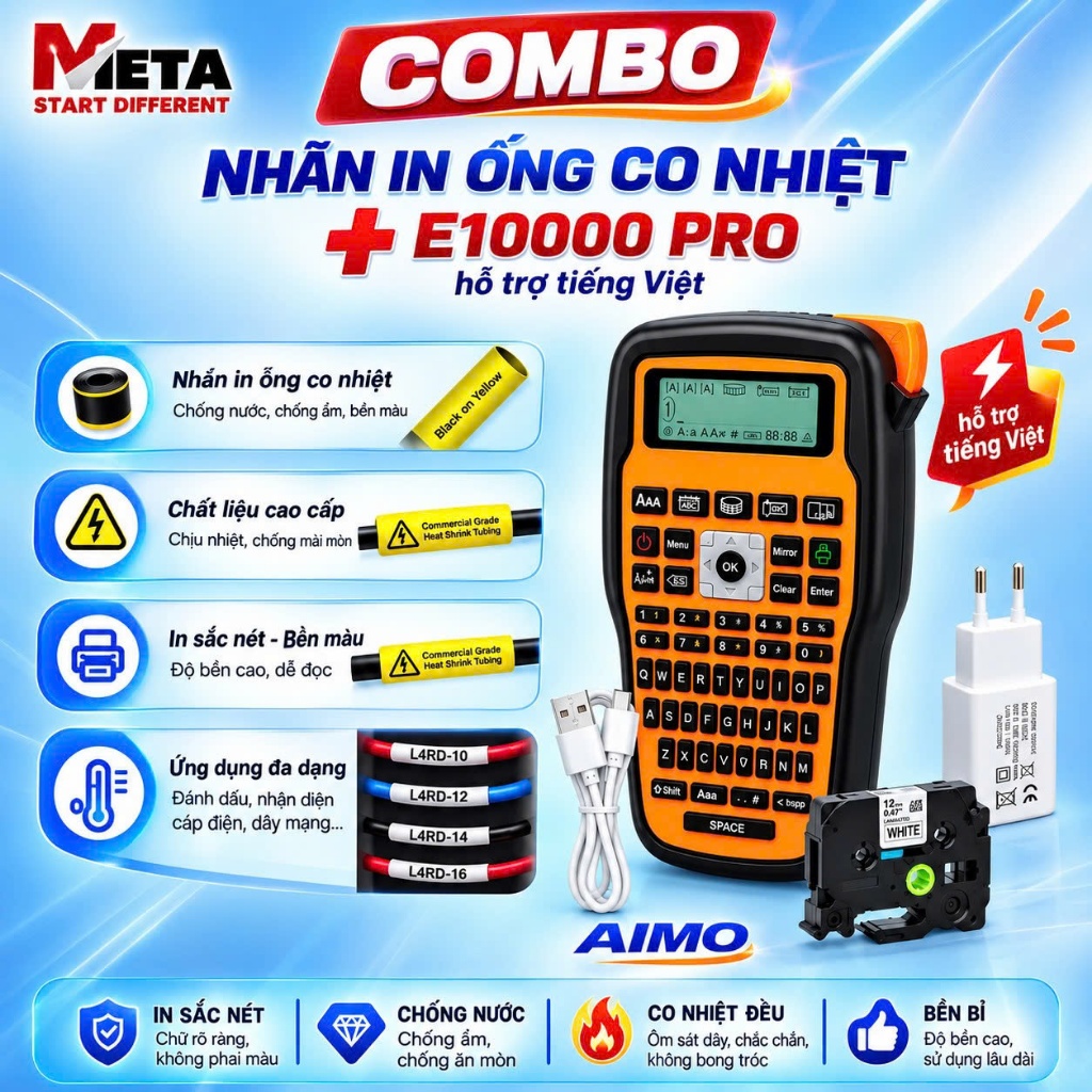 COMBO Máy In Nhãn E1000 Pro + 3 Cuộn Nhãn Co Nhiệt Màu Vàng Dùng Thi Công Điện Mạng