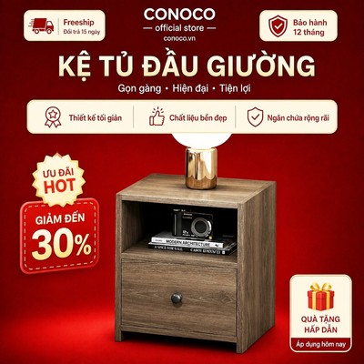 Tủ Đầu Giường Mini CONOCO 43x35x44cm 1 Ngăn Kéo Kệ Mở Màu Sồi Xám Cho Phòng Nhỏ