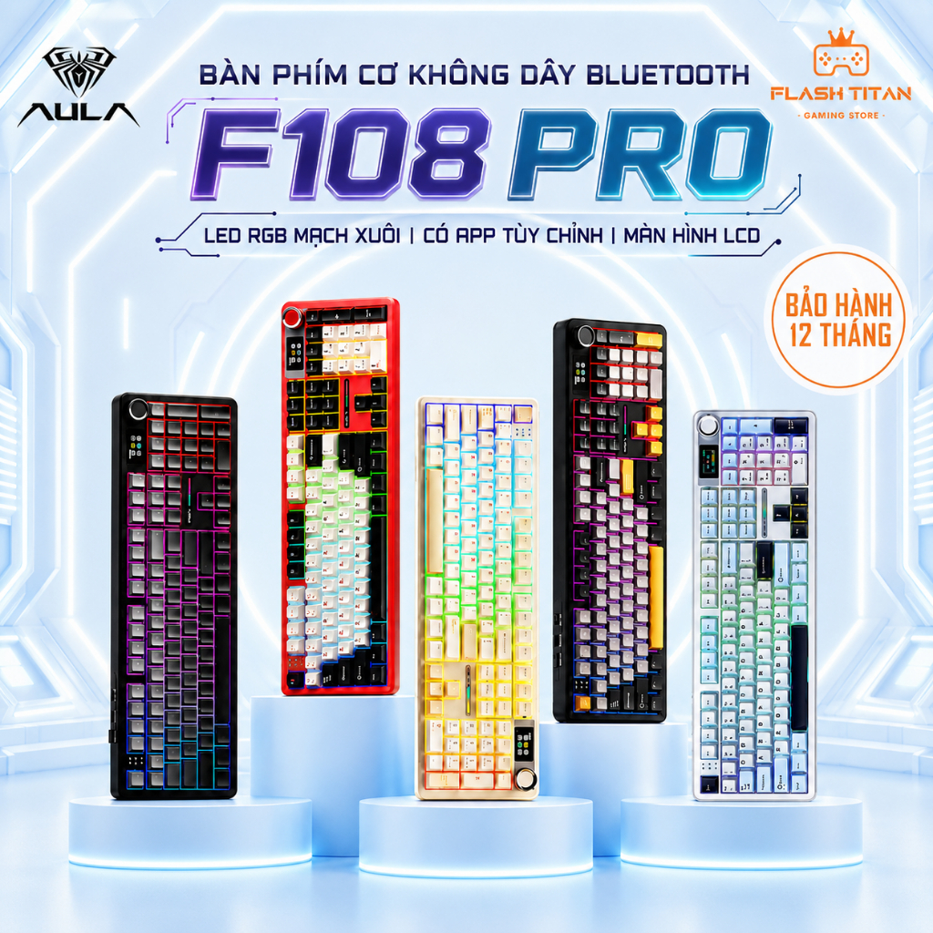 Bàn Phím Cơ Không Dây AULA F108 PRO Fullsize Kết Nối Bluetooth Dùng Cho PC, Laptop Chơi Game Văn Phòng, Có màn hình LCD