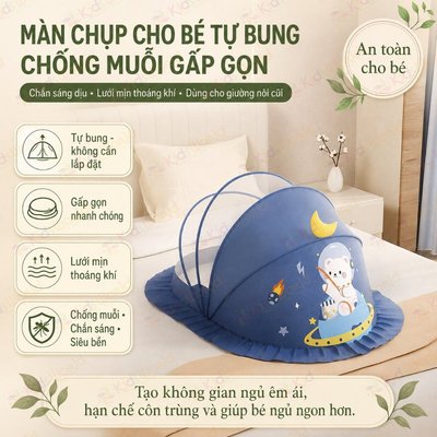 Màn chống muỗi tự bung, mùng chụp cho bé chống muỗi KidsWorld gấp gọn hoạt hình dùng giường nôi cũi