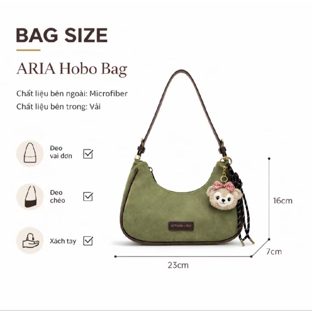 Túi xách đeo vai Magari ARIA Hobo Bag màu xanh rêu, chất liệu Microfiber, Vải