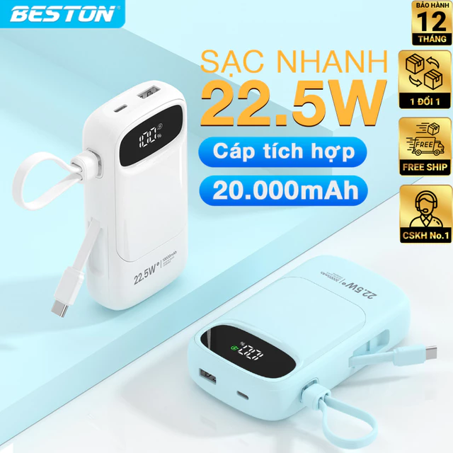 [NEW 2026] Sạc dự phòng Beston PBC007, dung lượng lên đến 20000mAh, hỗ trợ sạc nhanh 22.5W, tích hợp cáp type-C