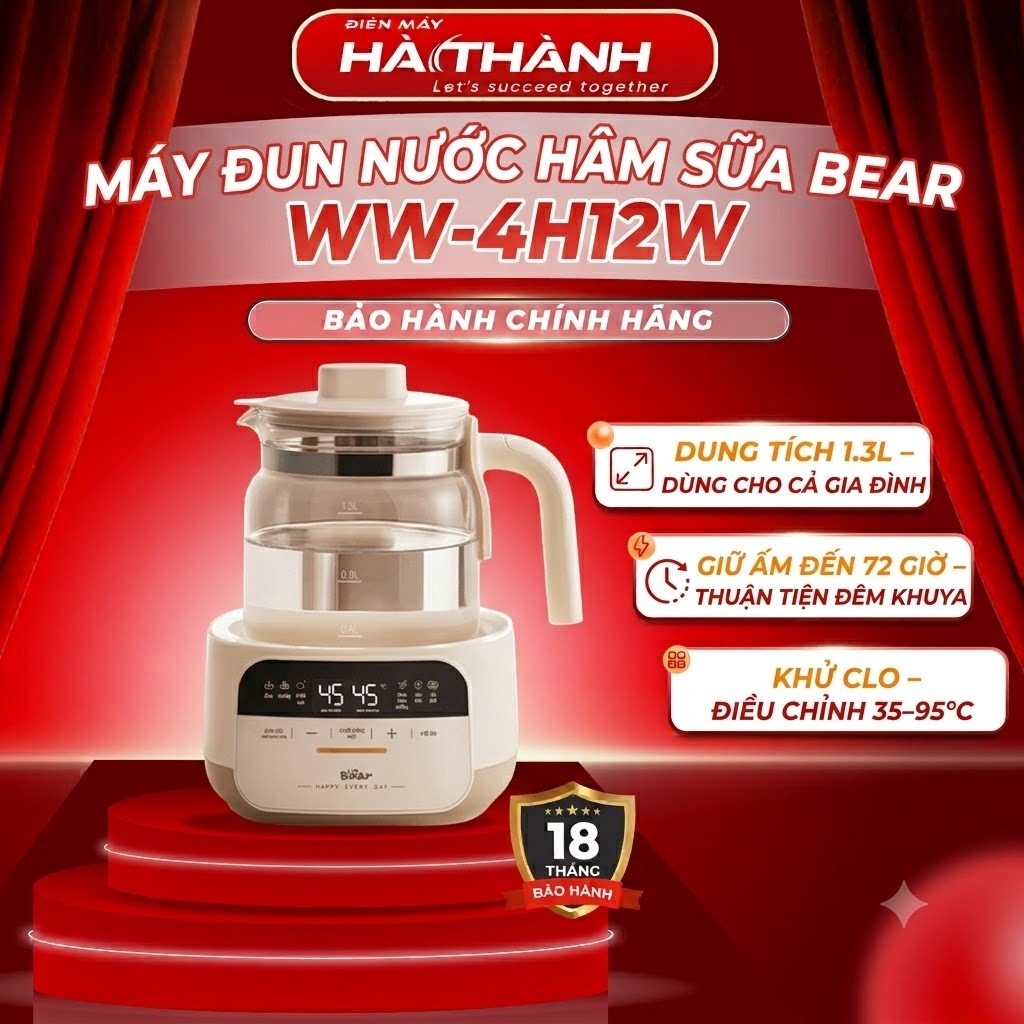 Máy Hâm Sữa Bear WW-4H12W, 1.3Lit - 800w Vận Hành Êm Ái Ban Đêm, Bảo Hành 18 Tháng