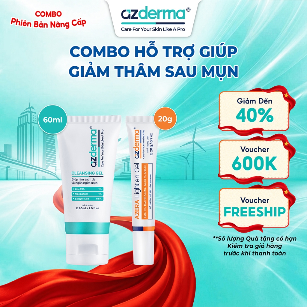 [Bản Nâng Cấp] Combo Hỗ Trợ Giúp Giảm Thâm Sau Mụn Cleansing Gel Azderma 60ml, Azera Lighten Gel Azd
