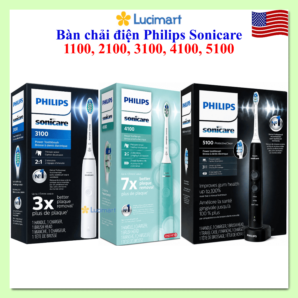Bàn chải điện Philips Sonicare 4100, 5100, 6100, 7300, 7500, Professional Clean, Optimal Clean, Adva