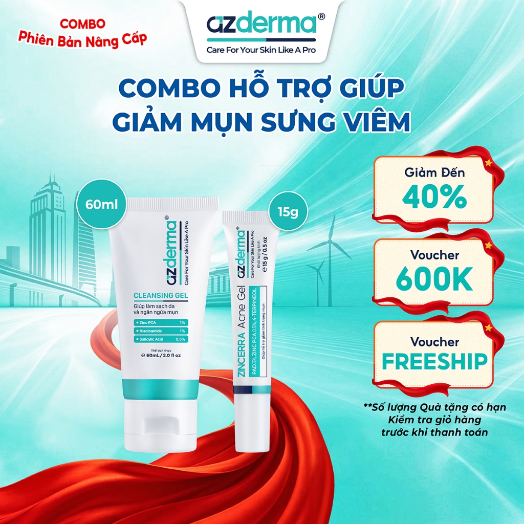 Combo Hỗ Trợ Giúp Giảm Mụn Sưng Viêm Azderma Zincerra Acne Gel 15g, Cleansing Gel Azderma 60ml