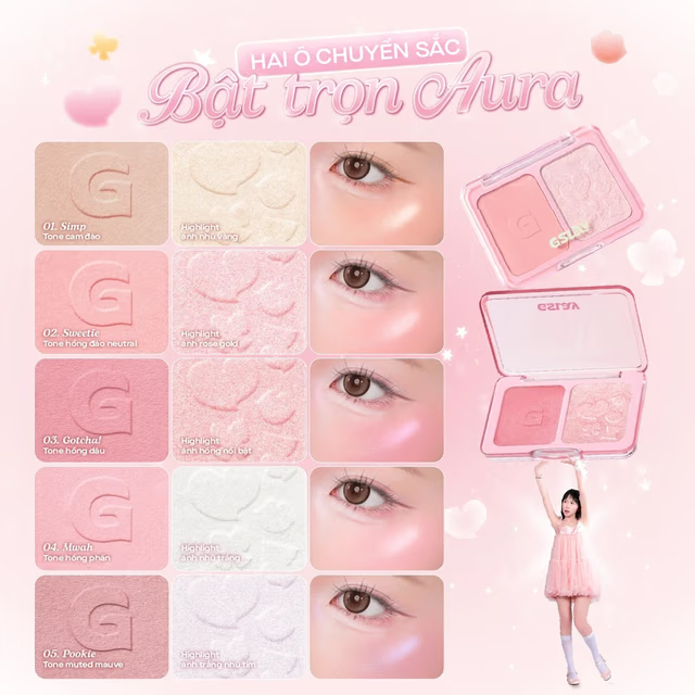 Gslay Bảng má hồng bắt sáng 2 ô Glitz Aura Blushlighter Duo