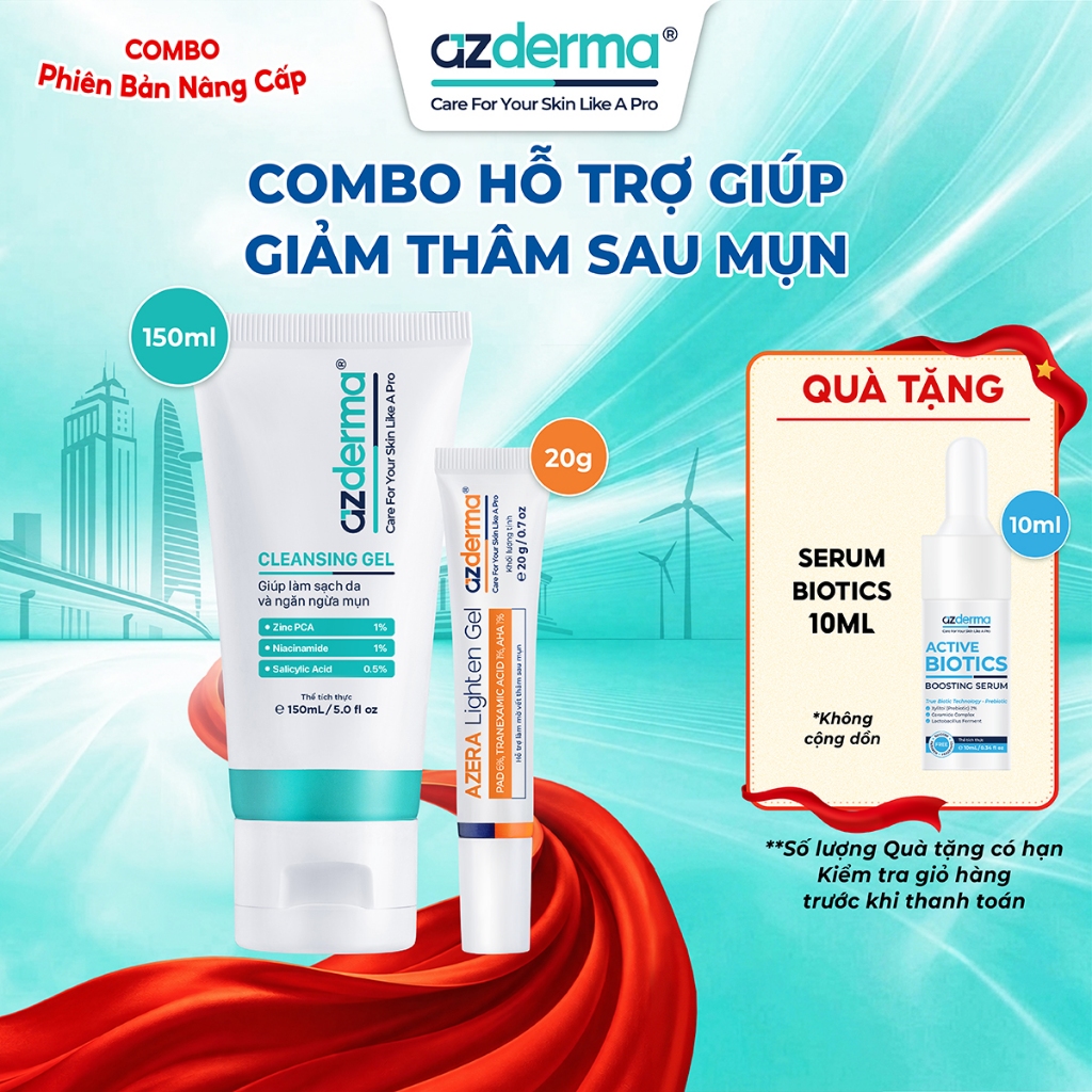 [Bản Nâng Cấp] Combo Hỗ Trợ Giúp Giảm Thâm Sau Mụn Cleansing Gel Azderma 150ml, Azera Lighten Gel Az