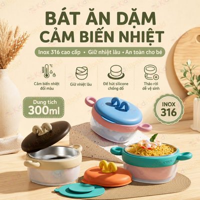 Bát ăn dặm giữ nhiệt KidsWorld Youkebei Chén ăn dặm cho bé inox 316 báo nóng đế hít silicone chốngđổ
