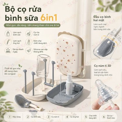 Hộp Cọ bình sữa Silicon 6in1 kèm giá úp tiện lợi mang đi du lịch KidsWorld an toàn tiện lợi youkebei