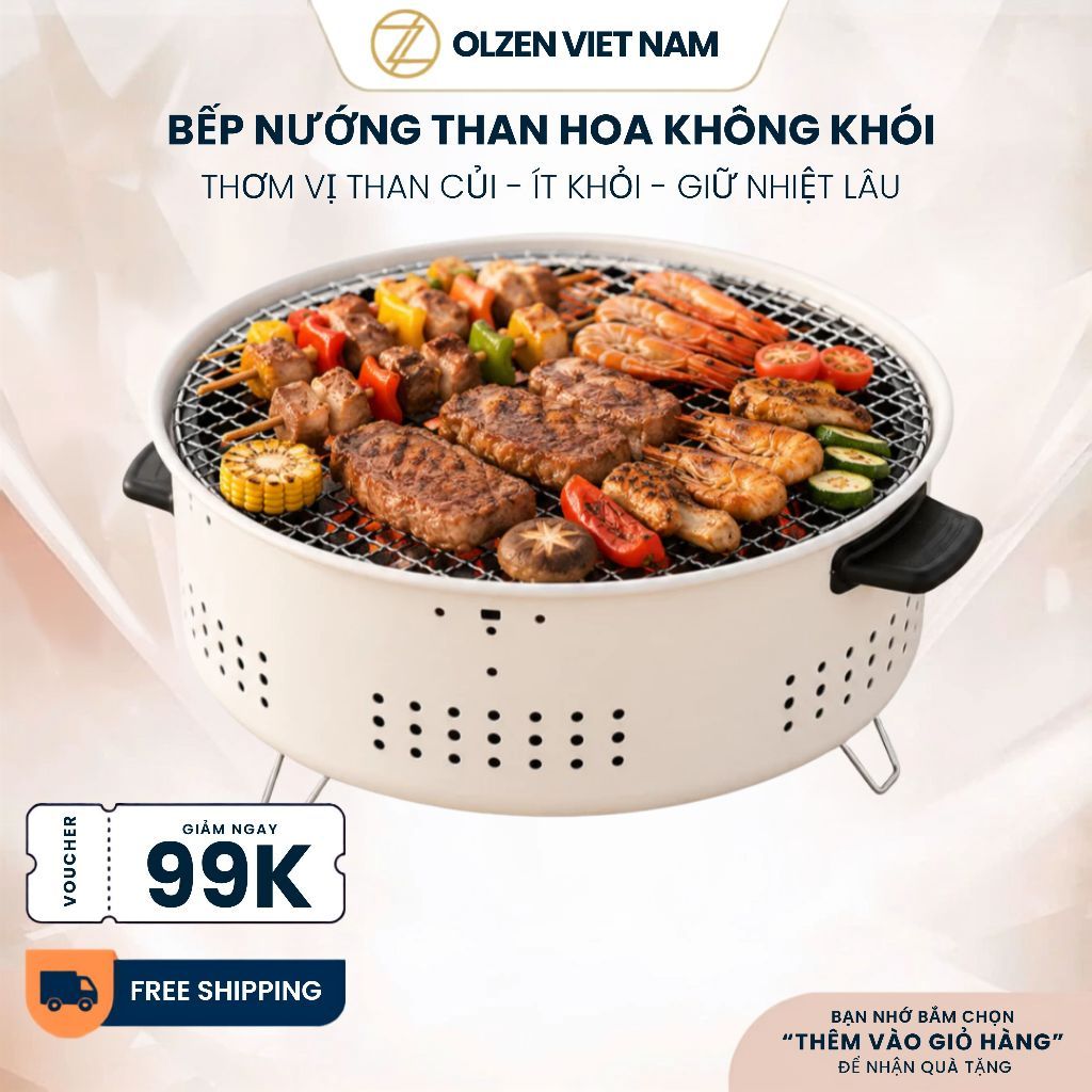 Bếp nướng than hoa OLZEN dạng tròn không khói khung thép chịu nhiệt nhỏ gọn dùng nướng BBQ picnic cắ