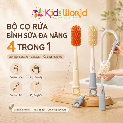 Bộ cọ rửa bình sữa silicone Youkebei 4in1 cho bé đa năng kèm cọ ống hút, cọ khe hẹp, cọ miệng cốc