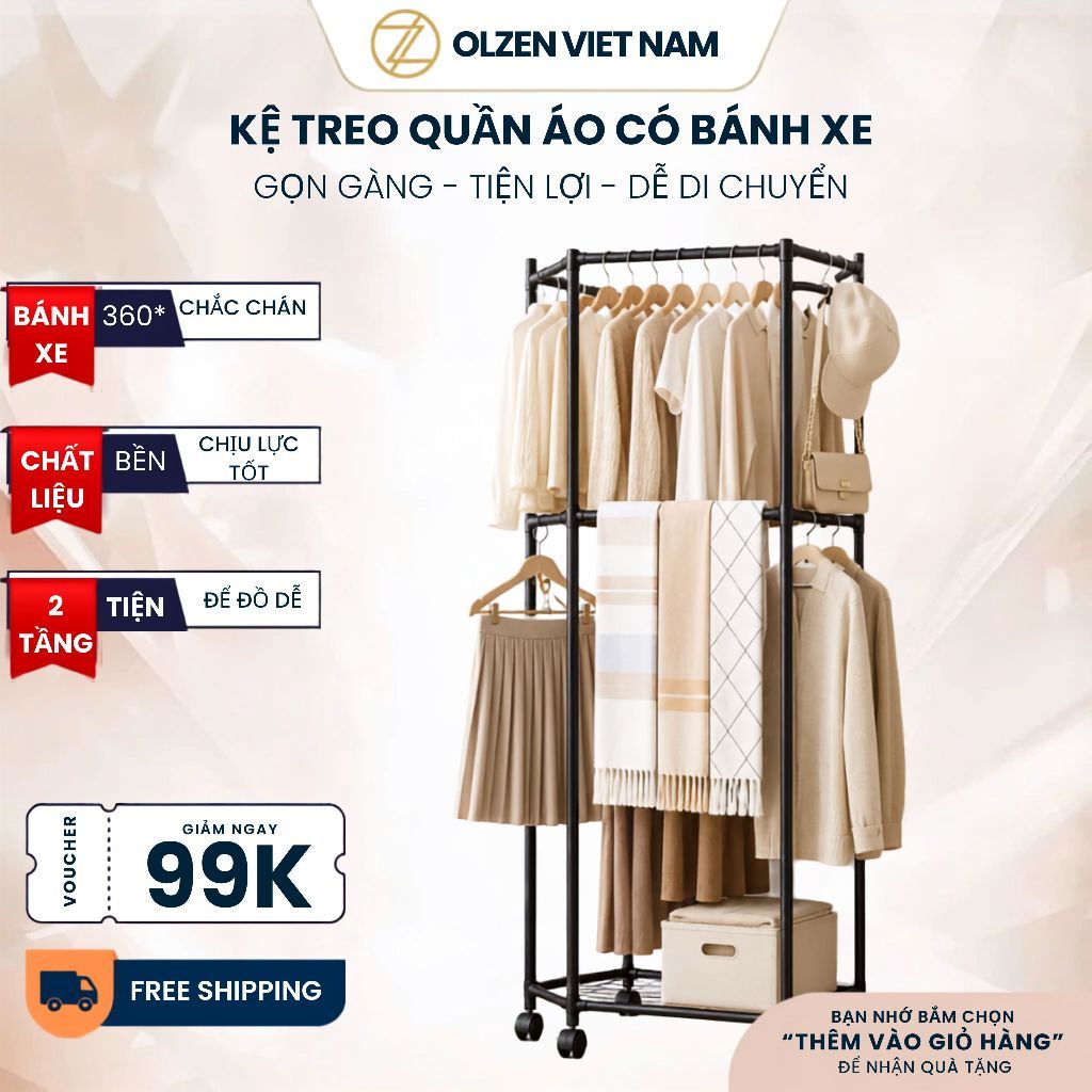 Giá phơi quần áo OLZEN xoay 360 độ khung thép không gỉ có bánh xe cây treo quần áo lục giác dùng ban