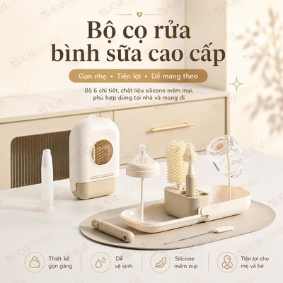 Hộp cọ rửa vệ sinh bình sữa 6 chi tiết KidsWorld hình tàu vũ trụ chất liệu silicon mềm mại cao cấp