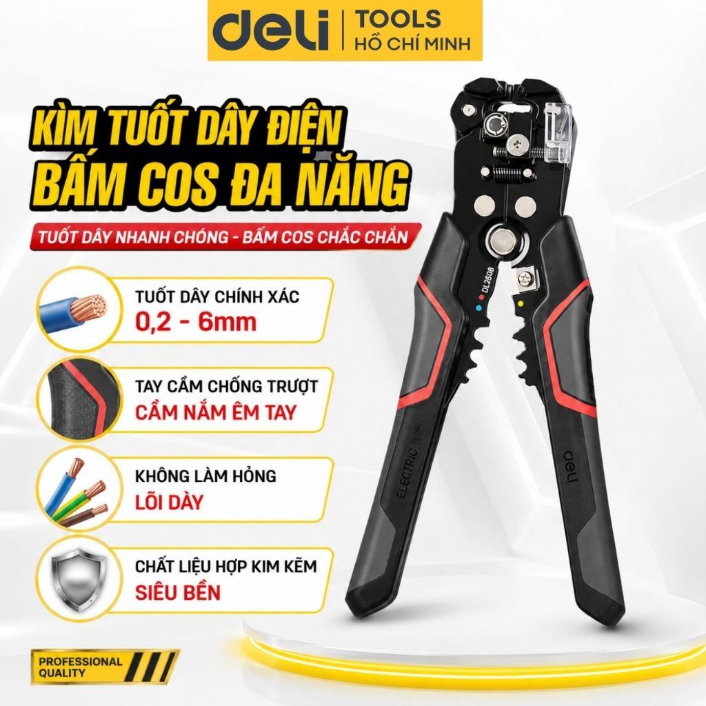 Kìm Tuốt Dây Điện Bấm Cos Đa Năng Chính Hãng DELI - Chất Liệu Cao Cấp Bền Bỉ - Hỗ Trợ Điều Chỉnh Lực