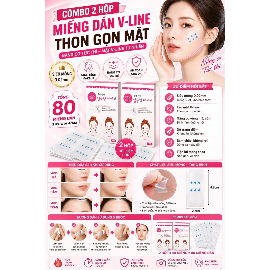 MIẾNG DÁN NÂNG CƠ MẶT V LINE TÀNG HÌNH – COMBO 80 MIẾNG – FACE LIFT TAPE SLIM FACE GỌN MẶT NÂNG CƠ