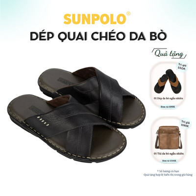 Dép Nam Quai Chéo Da Bò SUNPOLO AQC026 Đen Có Big size 44 45