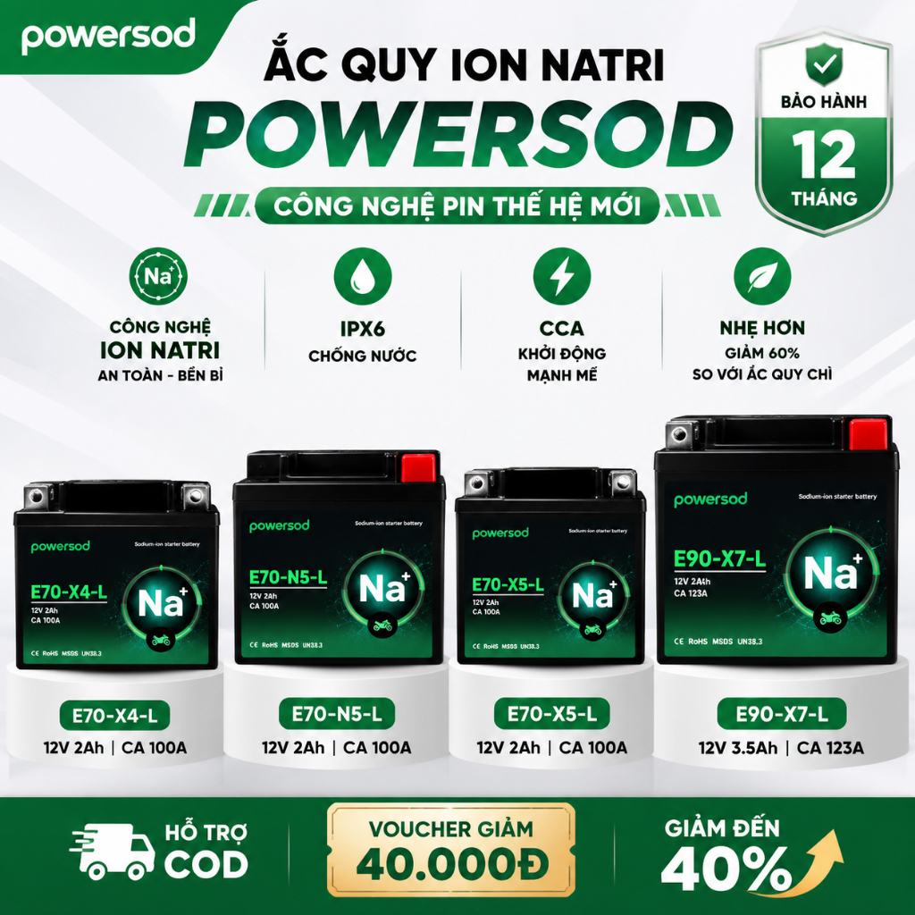 Ắc Quy Ion Natri POWERSOD Xe Máy Honda Yamaha SH Air Blade Wave Future Vision Click Sirius Bền Bỉ