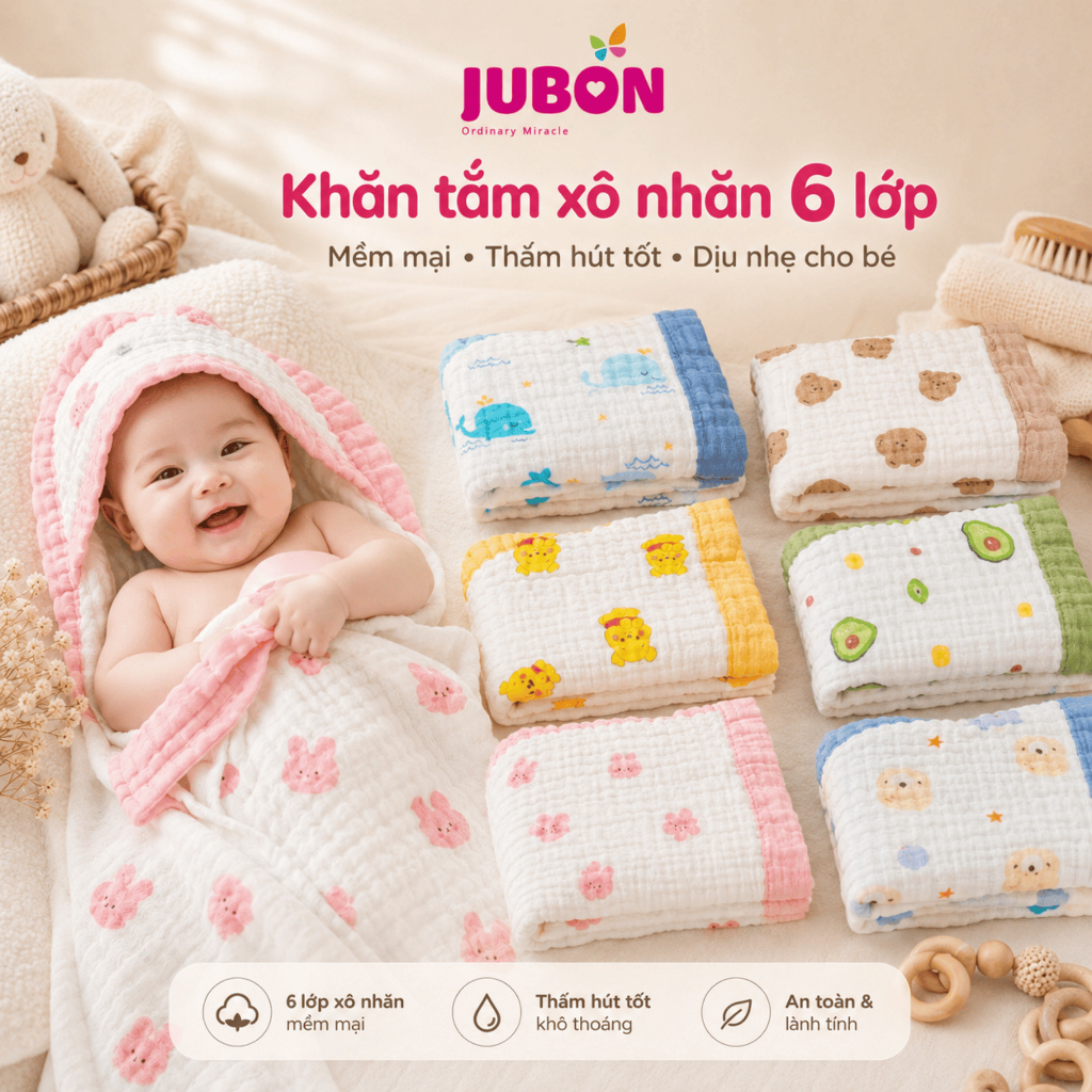 Khăn tắm xô nhăn 6 lớp Jubon đa năng thấm hút tốt, mềm mại cho da bé