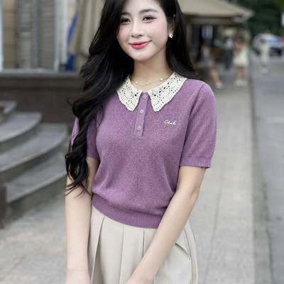 Áo len cộc tay phối cổ ren 3 khuy, kiểu dáng bo gấu, chất len dệt kim Evalover