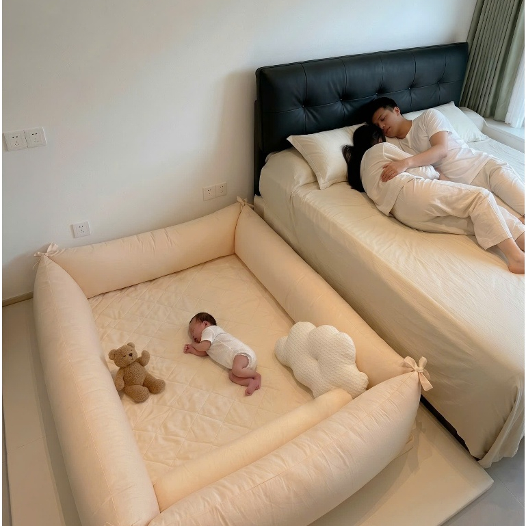 Đệm Quây Đa Năng Bumper Bed Tone Be Hàn Quốc - Giường Ngủ thấp An Toàn, Chống Té Ngã, Cotton Mềm Mát