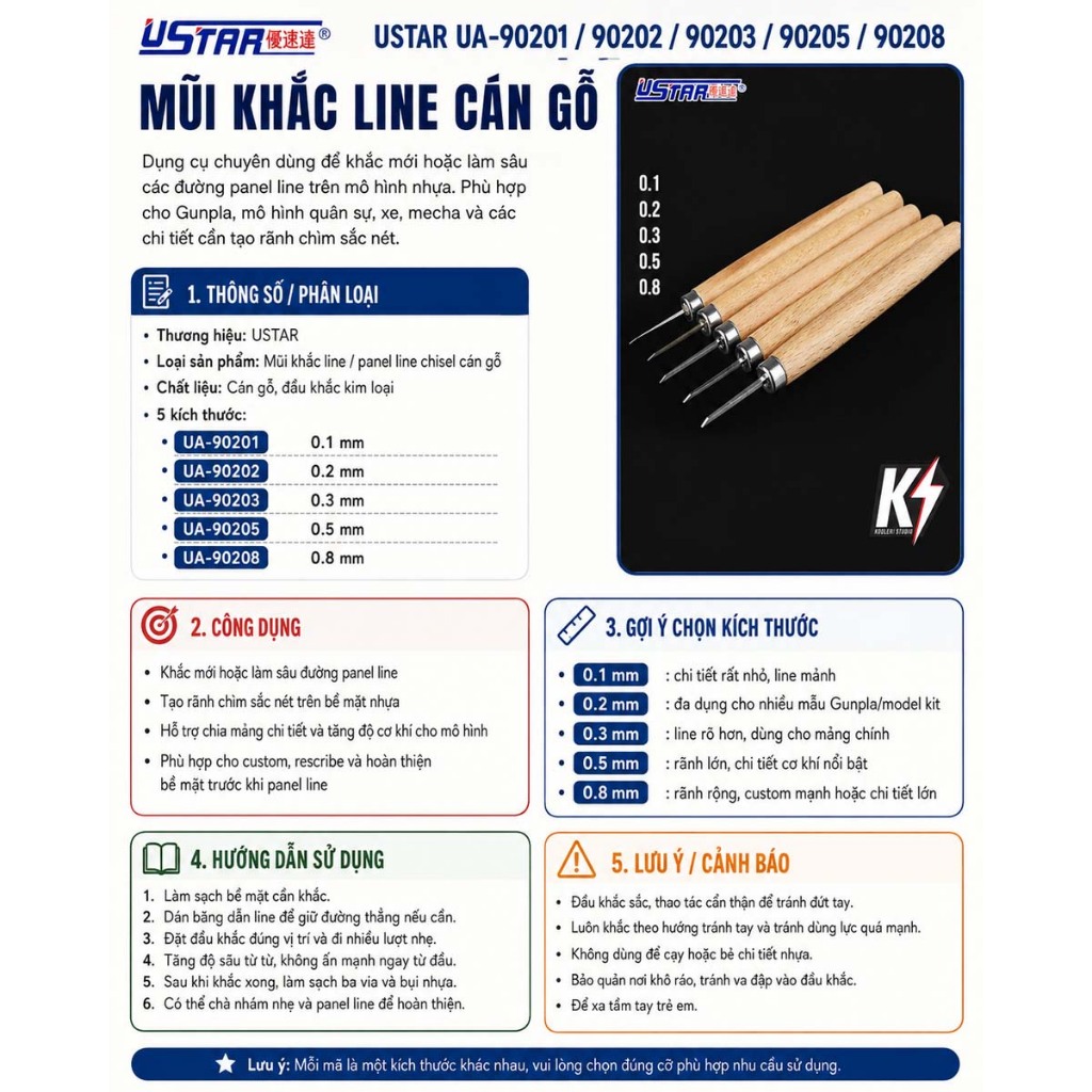 Dao Chisel Khắc Line USTAR UA-90201~UA-90208 0.1-0.8mm Tạo Panel Line Cho Gundam Mô Hình