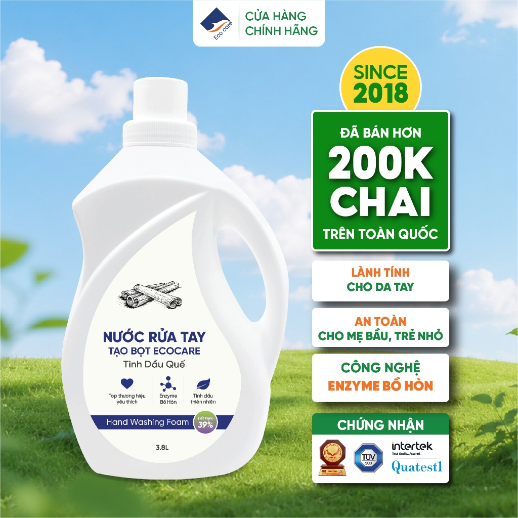 Nước Rửa Tay Hữu Cơ Hương Quế 3.8L ECOCARE (TẶNG VỎ TẠO BỌT),Rửa Tay Diệt Khuẩn Dưỡng Ẩm