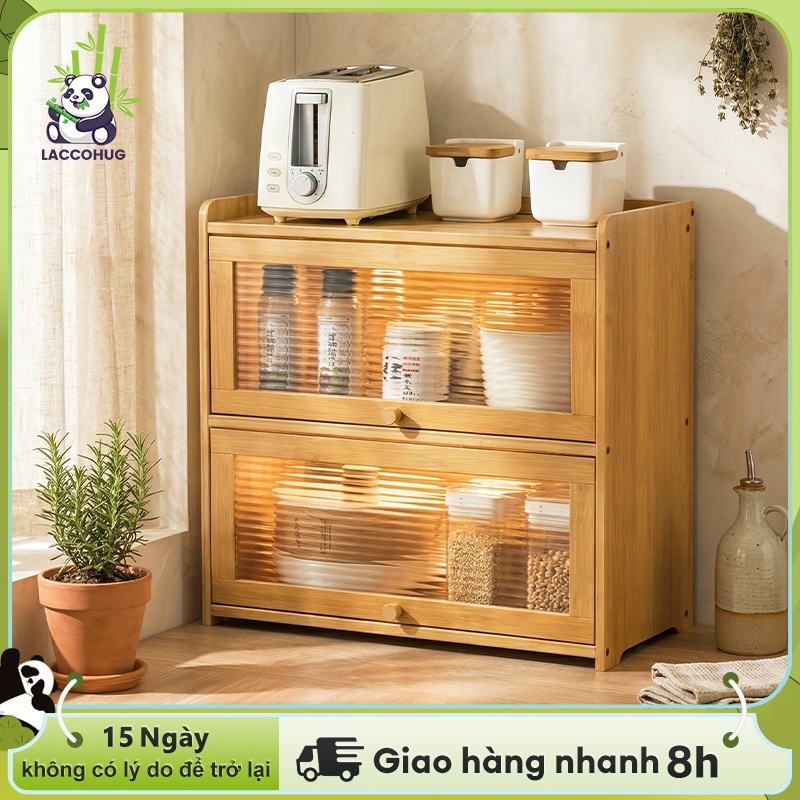 Tủ để đồ tủ lưu trữ tủ đồ trên mặt bàn bằng tre chịu tải tốt dễ lắp đặt ngăn mở/cửa kính trong suốt