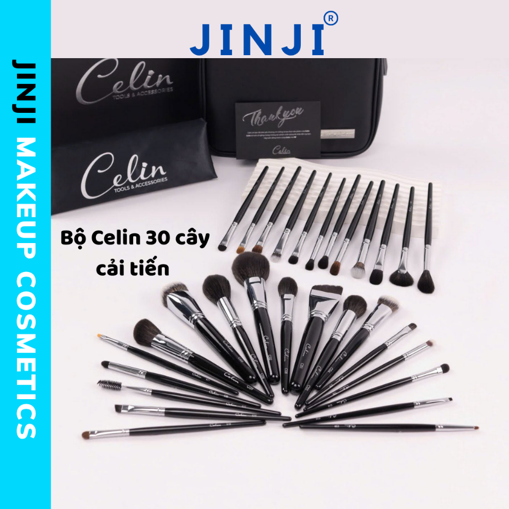 Bộ cọ trang điểm chuyên nghiệp Celin 30 cây lông thú chính hãng kèm bao da kèm quà tặng Celin JINJI