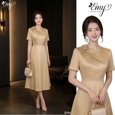 Đầm Thiết Kế EMY Thời Trang Cao Cấp EM4133 Vàng Gold Vải Nhám Bóng Nhẹ Sang Chảnh Đi Tiệc