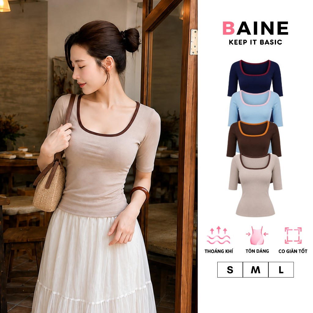 [MỞ BÁN] Áo Thun Nữ Ôm Body Cổ Vuông Tay Lỡ Phối Viền Thun Borip Lụa Co Giãn 4 Chiều Basic Tôn Dáng 