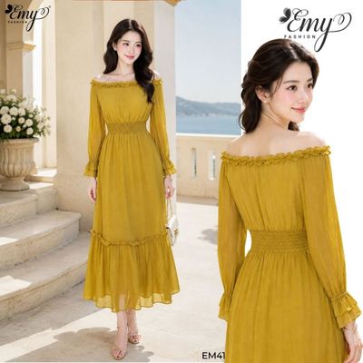 Đầm Thiết Kế EMY Thời Trang Cao Cấp EM4128 Vải Tơ Tằm Vàng Mù Tạt Du Lịch Đi Biển