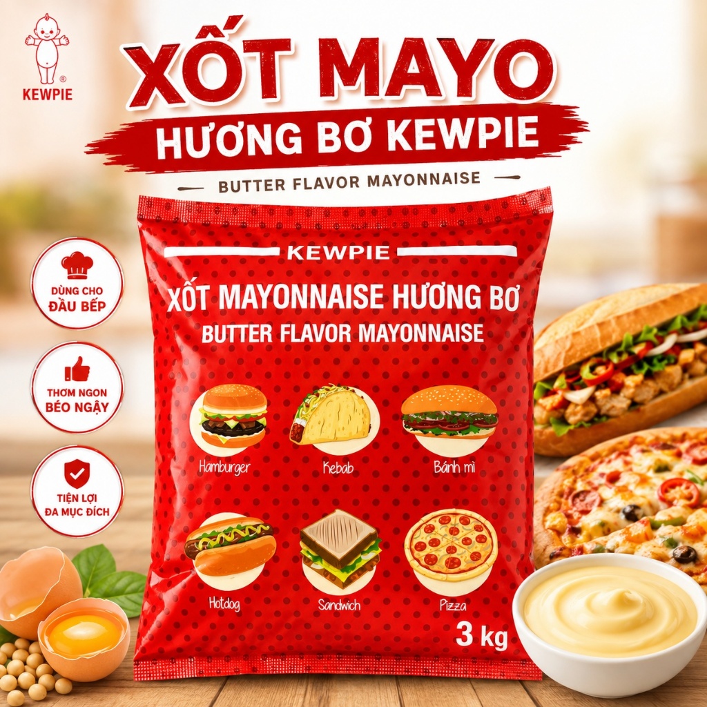 Xốt Mayo Hương Bơ Kewpie 3KG (Túi) - Dành Cho Bánh Mì, Burger, Sandwich, Pizza